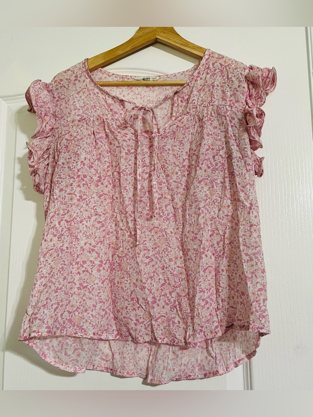 mine Pink Floral Tie-Front Ruffle Sleeve Blouse Size L